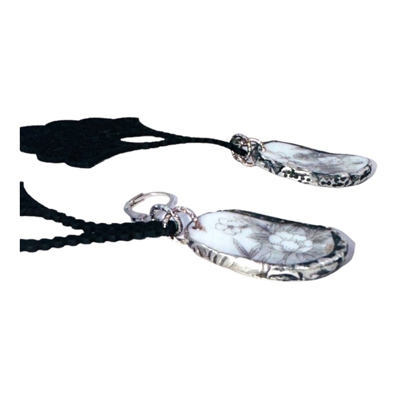 Broken China Chandelier Earrings Artisan Brutalist Glam Bezels & Faux Leather - Picture 7 of 15